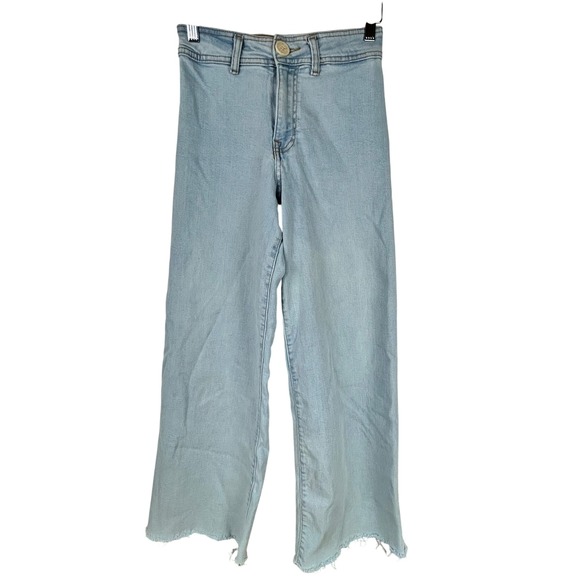 The Unbranded Brand Denim - Wide‎ Leg Cropped Jeans Frayed Hem High Rise Light Wash Denim Pants Womens